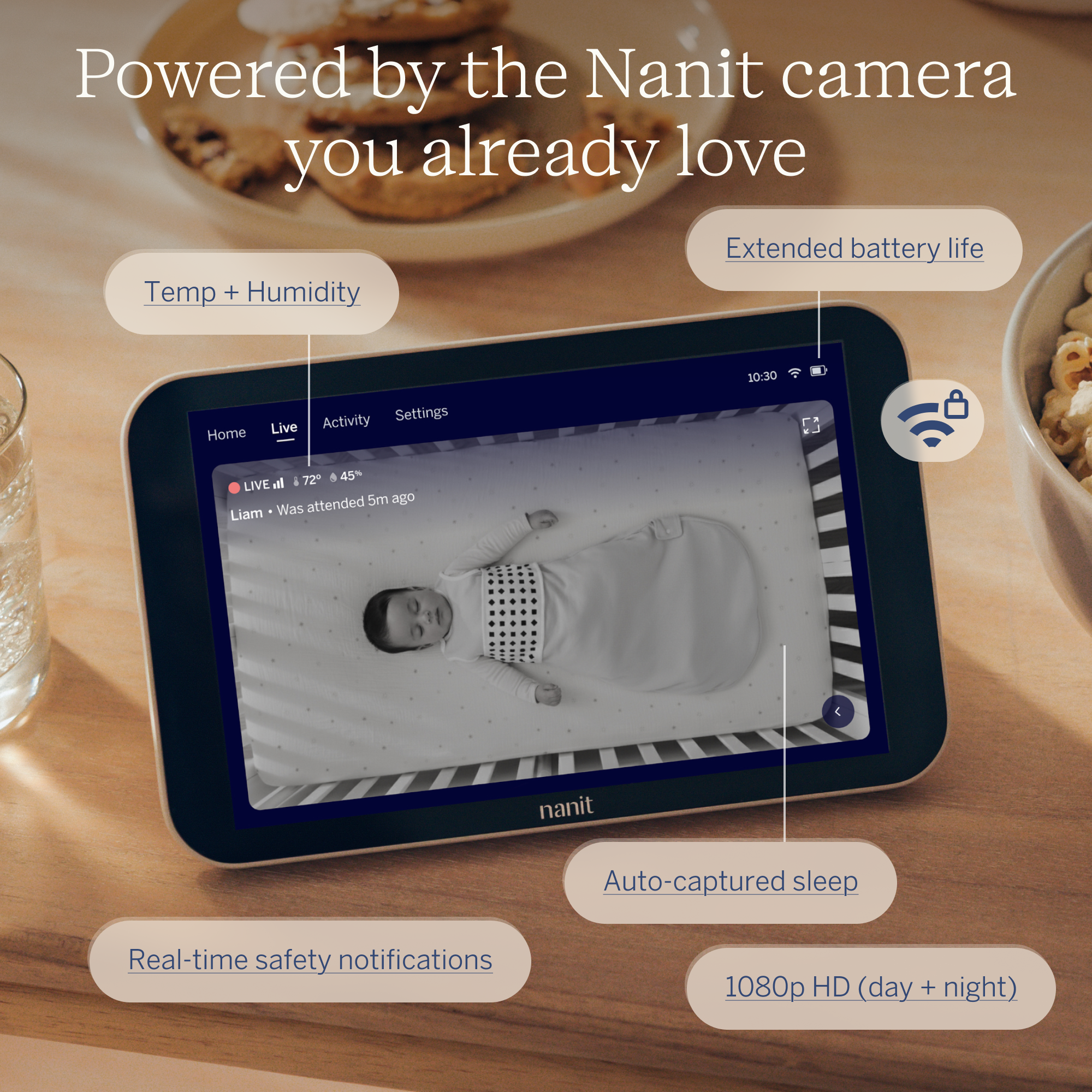 Nanit Home on a wooden surface with features highlighted