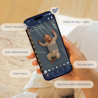 Baby in a crib with text about Nanit babies sleeping longer and parents gaining more sleep. #complete your setup_camera only #type_bundle