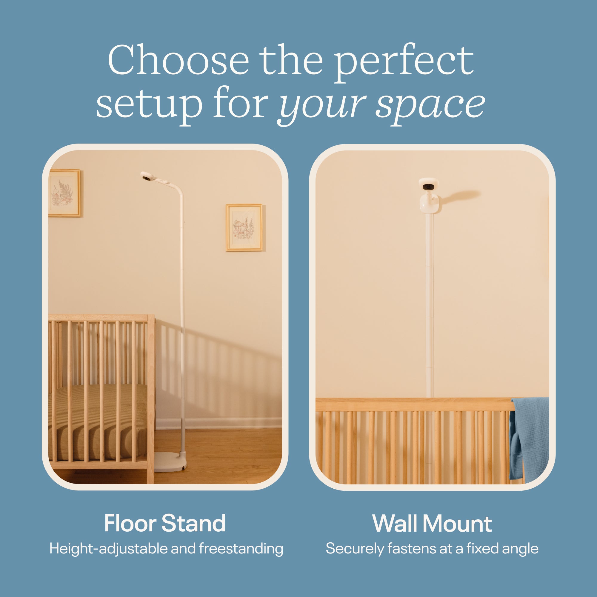 Two options for a baby crib setup: floor stand and wall mount, with text on a blue background.