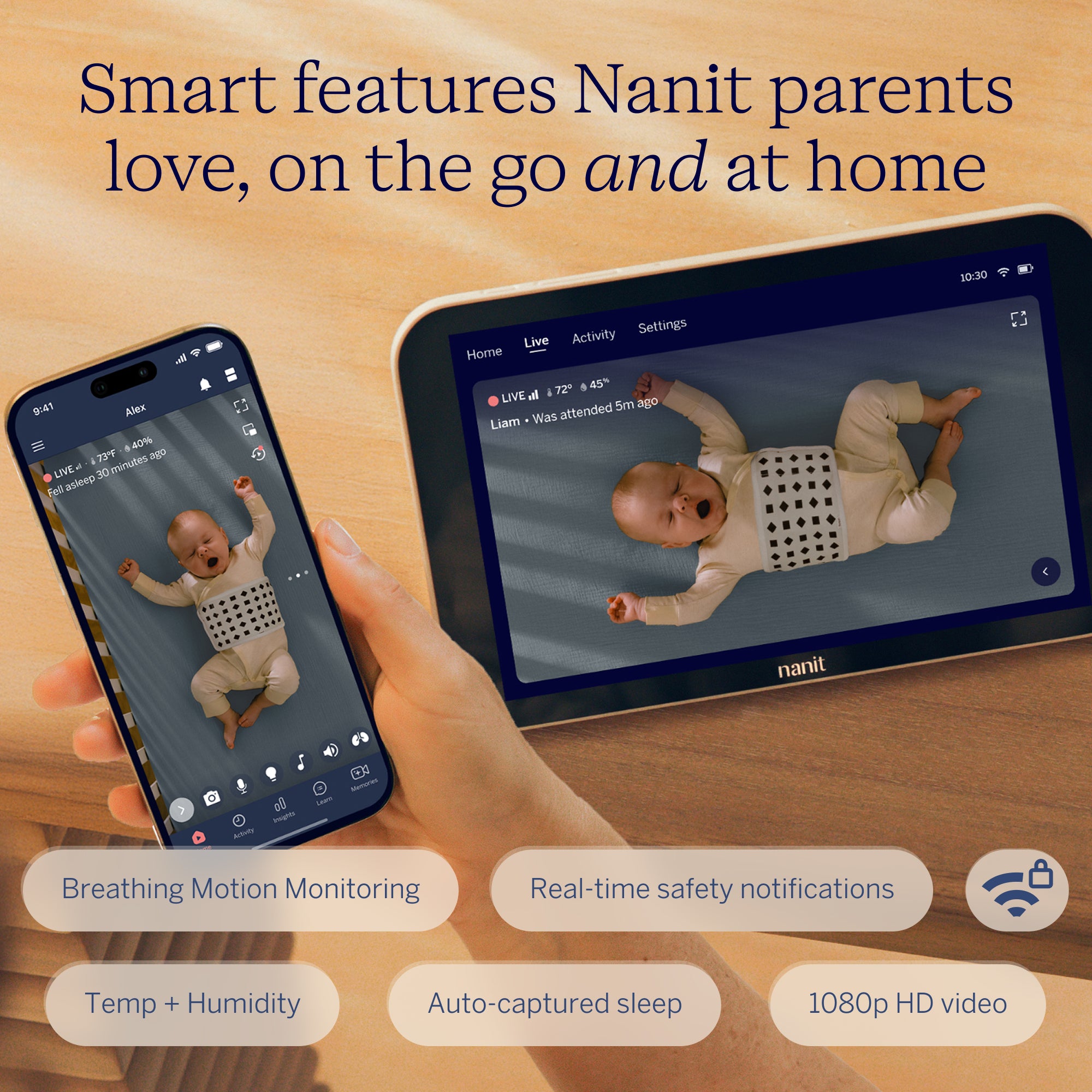 Home Display with Nanit app showing baby and features like 1080p HD, auto-captured sleep, and real-time safety notifications #complete your setup_camera + 8" display