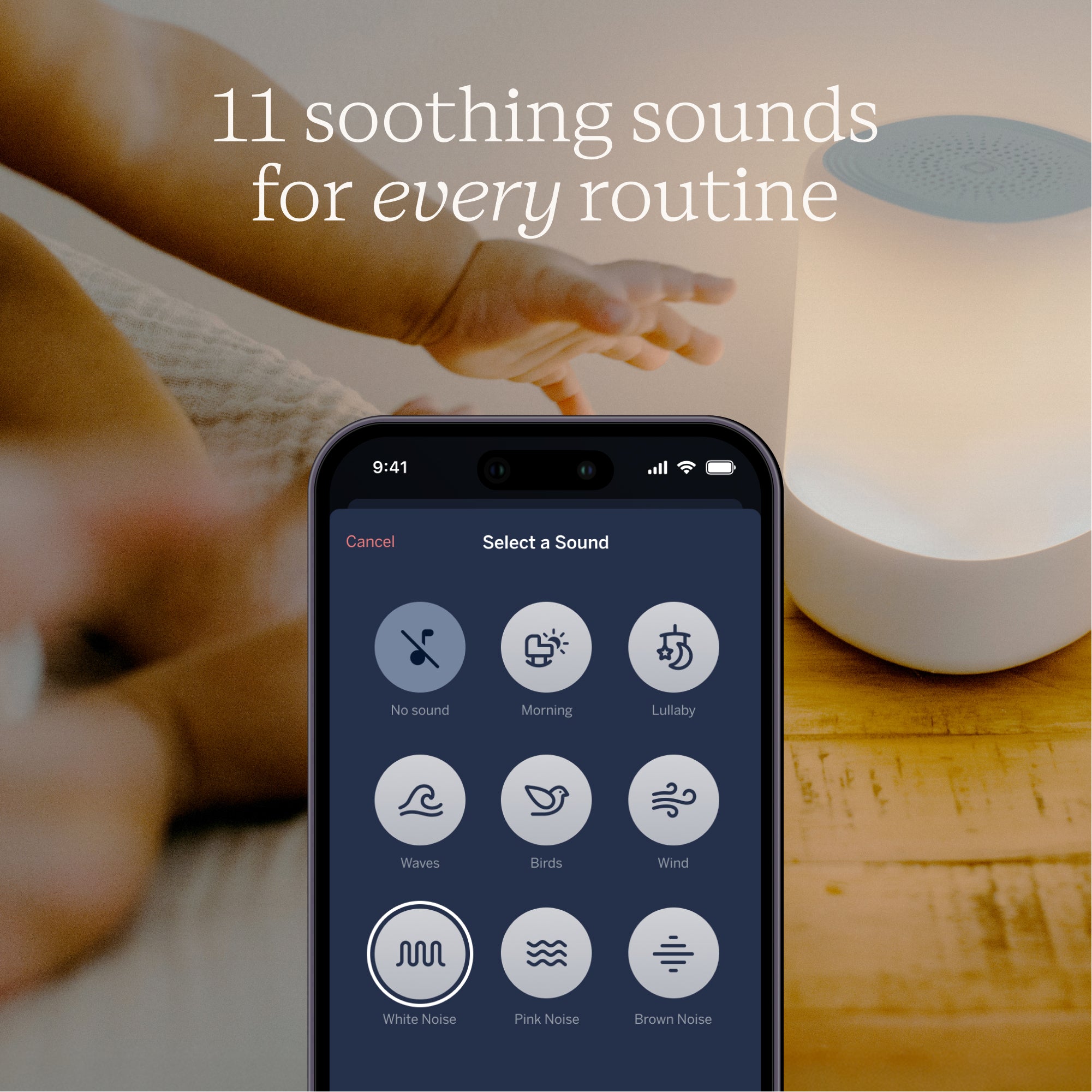 11 soothing sounds for every routine with showing app with different sounds