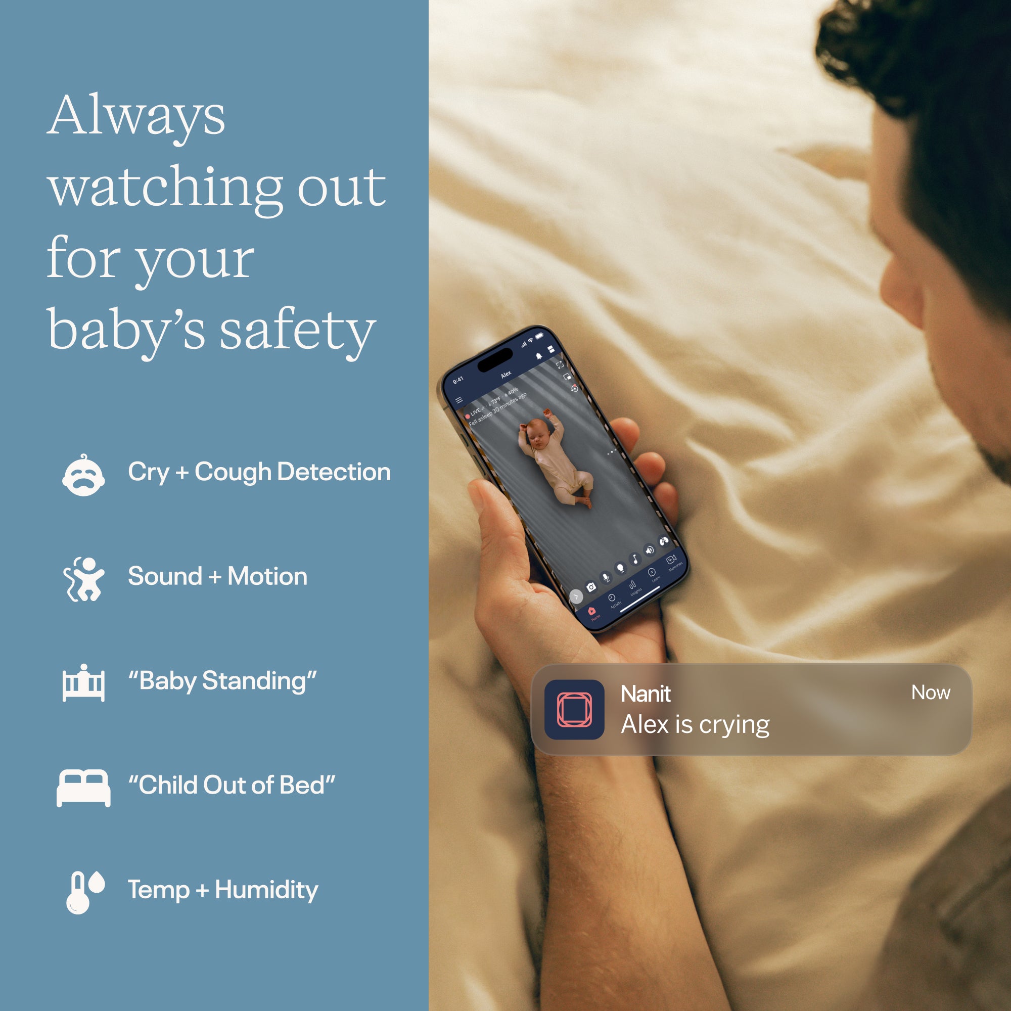 Person holding a smartphone with app notifications on a bed, emphasizing baby safety monitoring features. #complete your setup_camera only #type_bundle