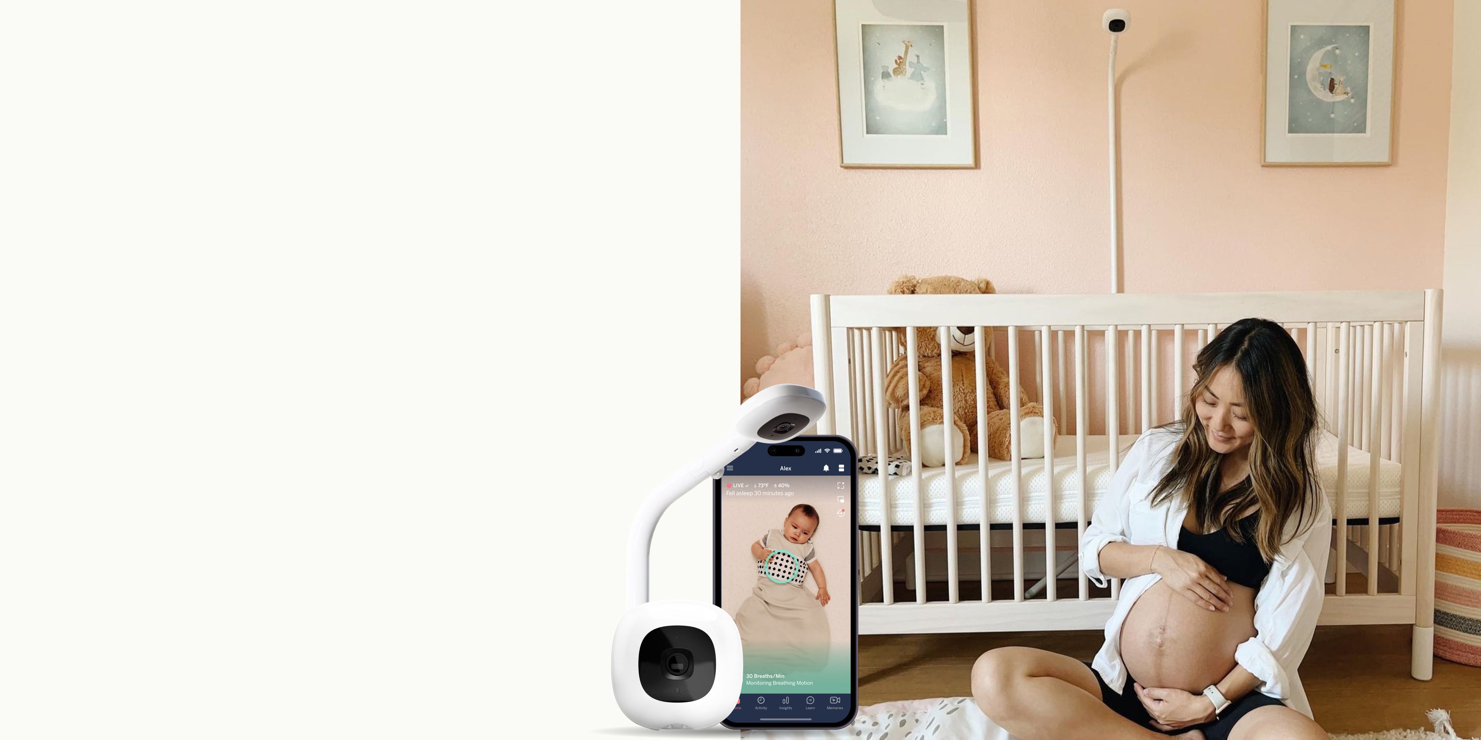 Woman using a baby monitor in a nursery with a crib and decor.
