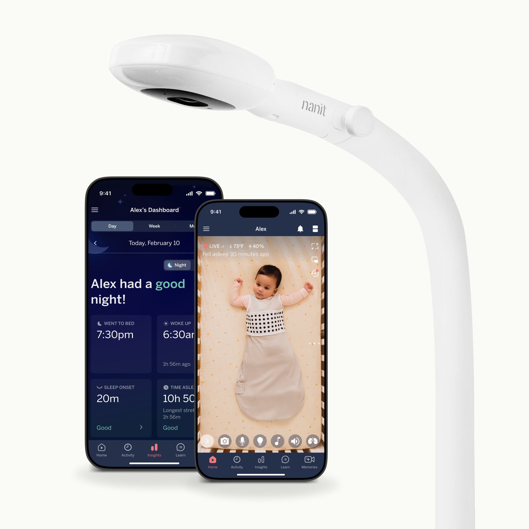 pro baby monitor + floor stand with two phones showing nanit app of dashboard and live screen #mount_floor stand #complete your setup_camera only