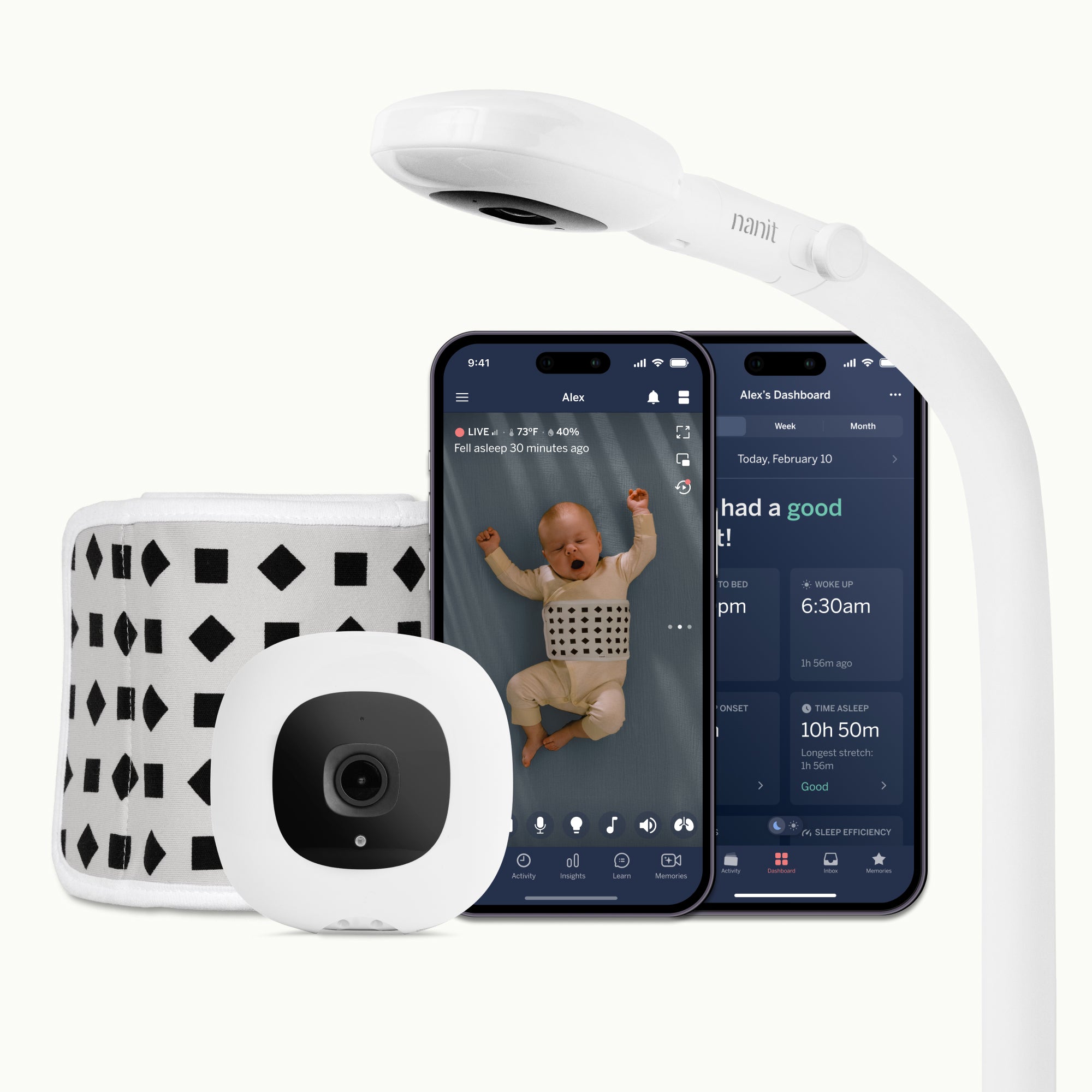 pro baby monitor + floor stand with two phones showing nanit app of dashboard and live screen and breathing band behind smartphone #mount_floor stand #complete your setup_camera only