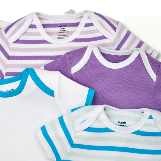 Nanit Sleep Wear Short Sleeve Bodysuit in Violet Stripe, violet, tropical blue and tropical blue stripe colors
