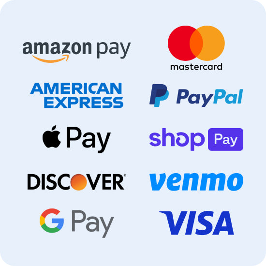 Logos of various payment methods including Amazon Pay, Mastercard, American Express, PayPal, Apple Pay, Shop Pay, Discover, Venmo, and Visa on a light gray background.