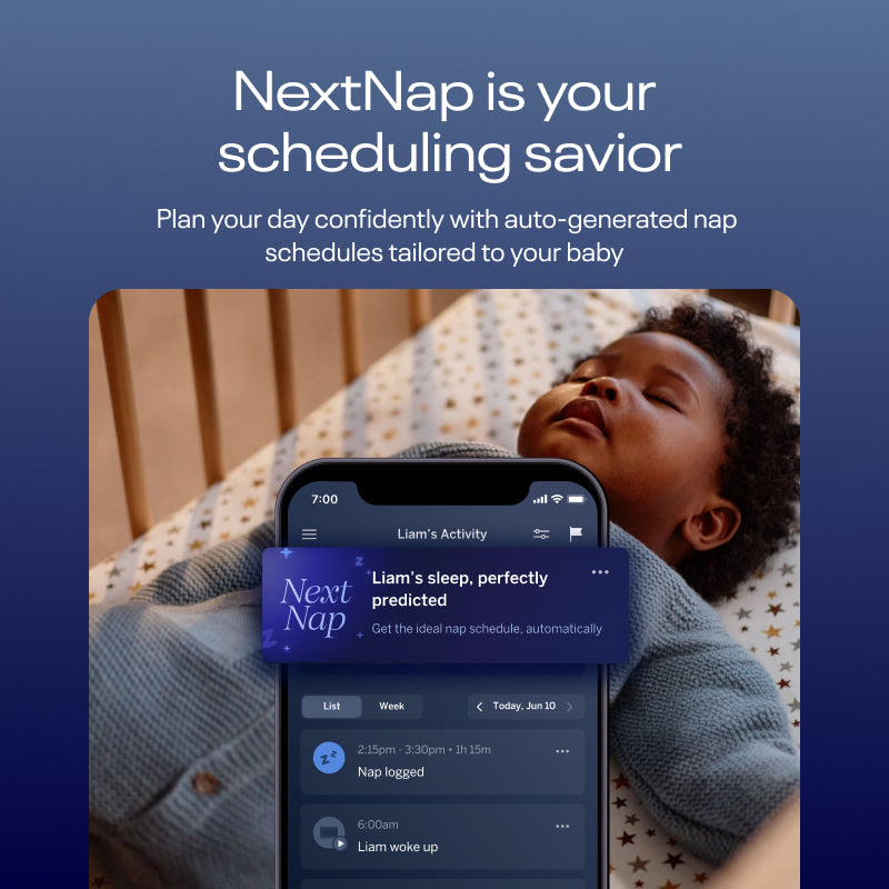NextNap is your scheduling savior: Plan your day confidently with auto-generated nap schedules tailored to your baby. Showing baby sleeping with NextNap on Nanit app screen on phone