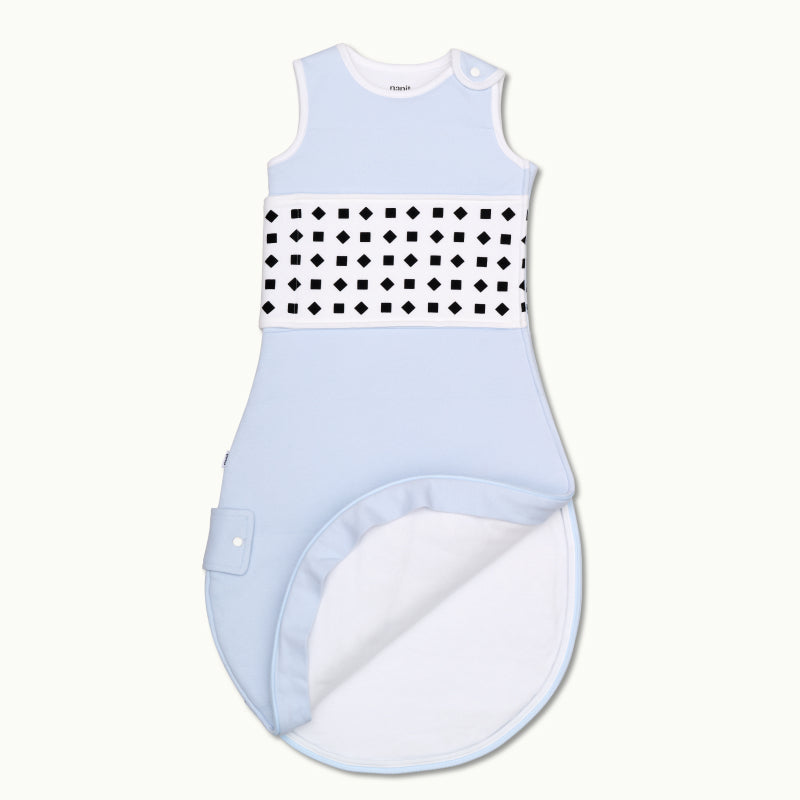 nanit powder blue breathing wear quilted sleeping bag front view and showing inside #color_powder blue