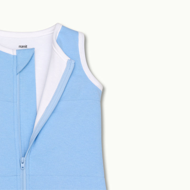 zoomed in on nickel-free snap tab zipper cover, plus protective chin zipper guard on sleeping bag in cornflower blue #color_cornflower blue