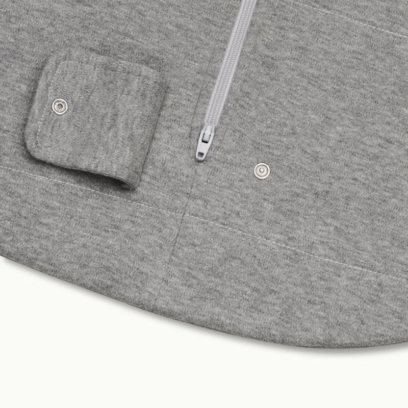 zoomed in on two-way bottom zipper on sleeping bag in heather gray #color_heather gray