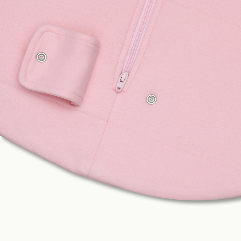 zoomed in on two-way bottom zipper on sleeping bag in rose pink #color_rose pink
