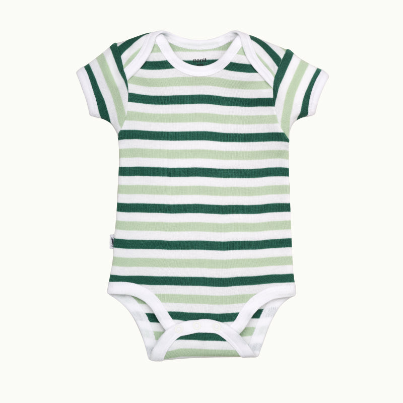 front view of short sleeve bodysuit in spruce green stripe #color_spruce green strip