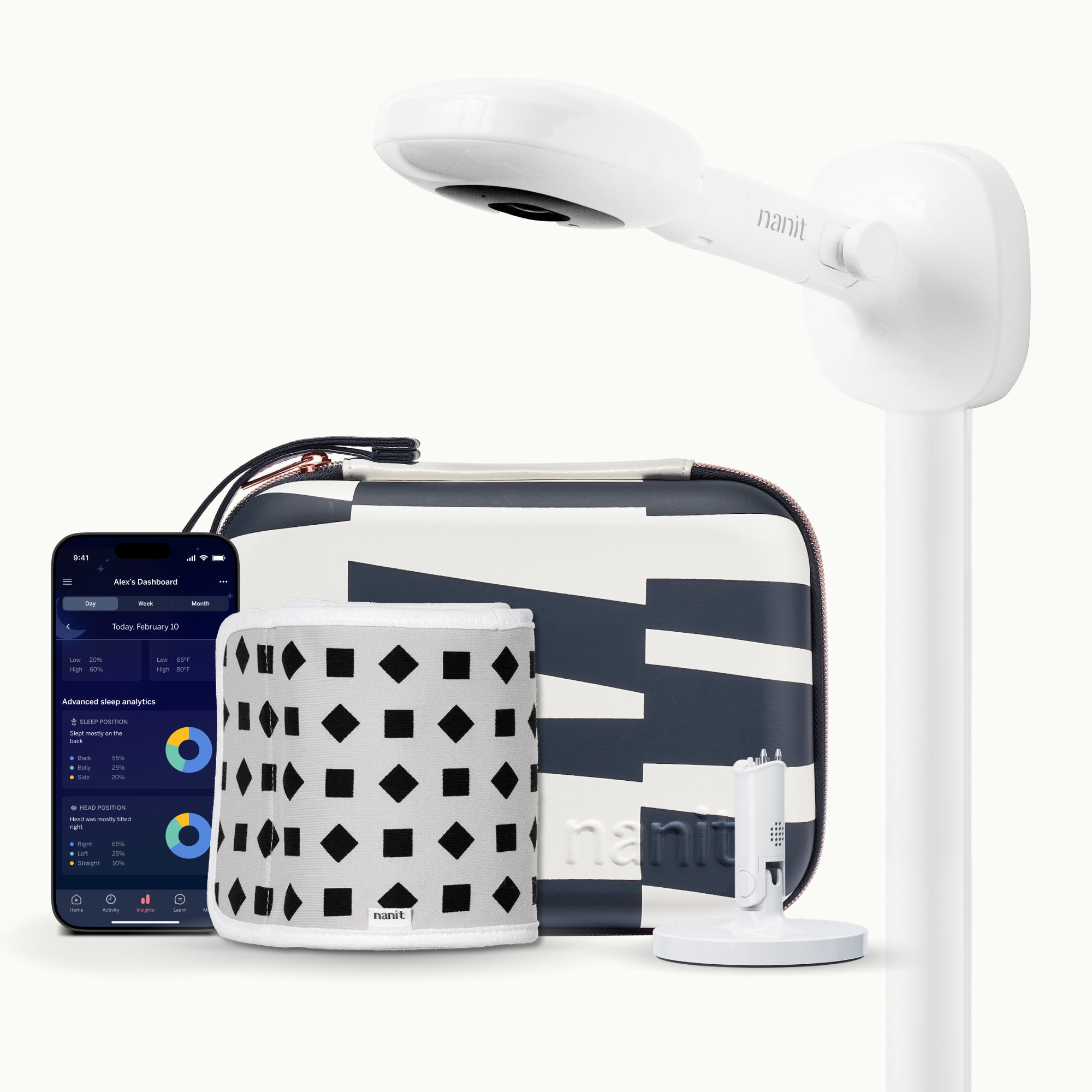 nanit pro camera wall mount, abstract stripe travel case, gray breathing band, flex stand, and nanit app