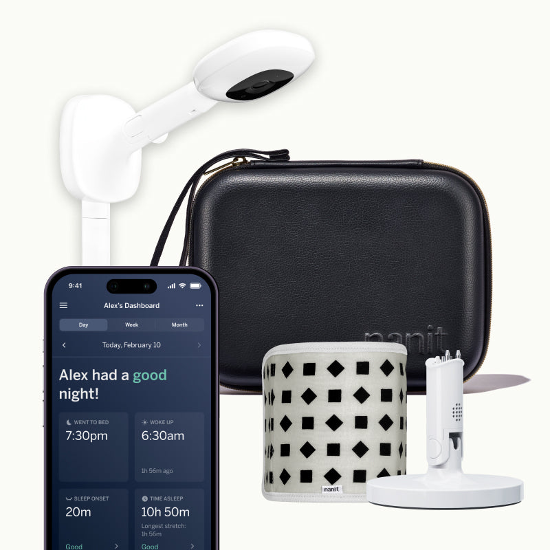 nanit pro camera wall mount, black travel case, gray breathing band, flex stand, and nanit app #mount_wall mount #color_black