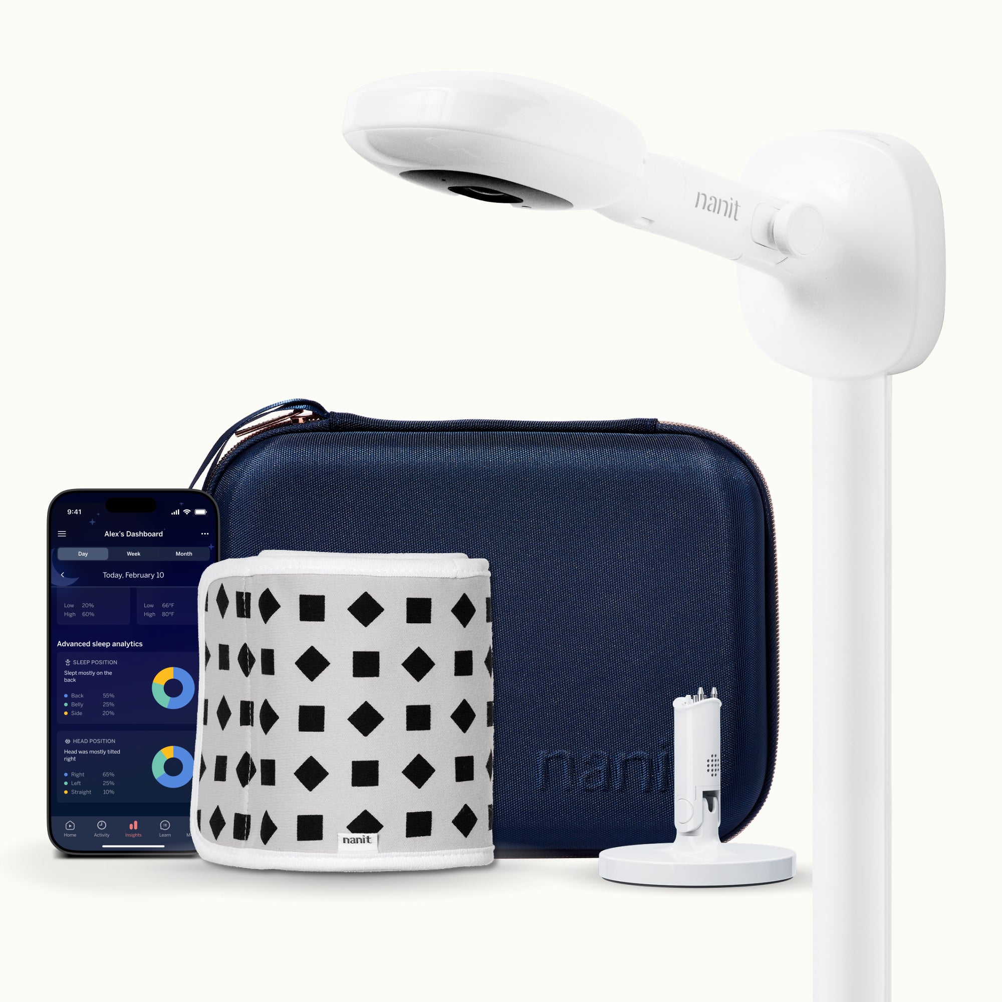 nanit pro camera wall mount, blue travel case, gray breathing band, flex stand, and nanit app