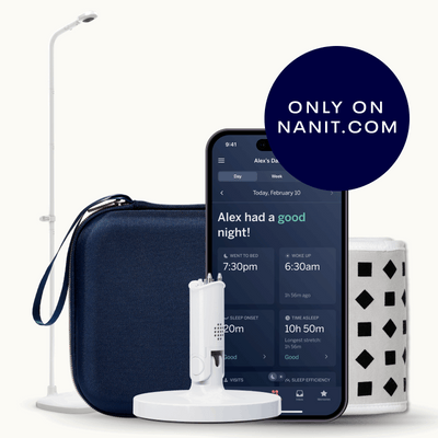 Image of nanit pro camera floor stand, blue travel case, gray breathing band, flex stand, and nanit app showing dashboard