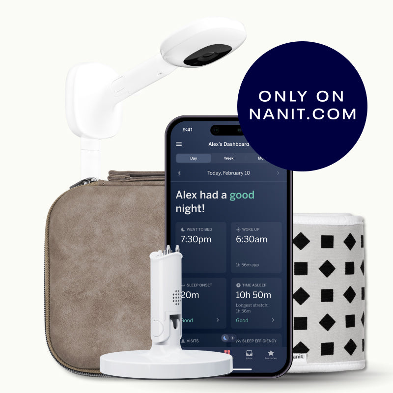 nanit pro camera wall mount, greige travel case, gray breathing band, flex stand, and nanit app #mount_wall mount #color_yellow