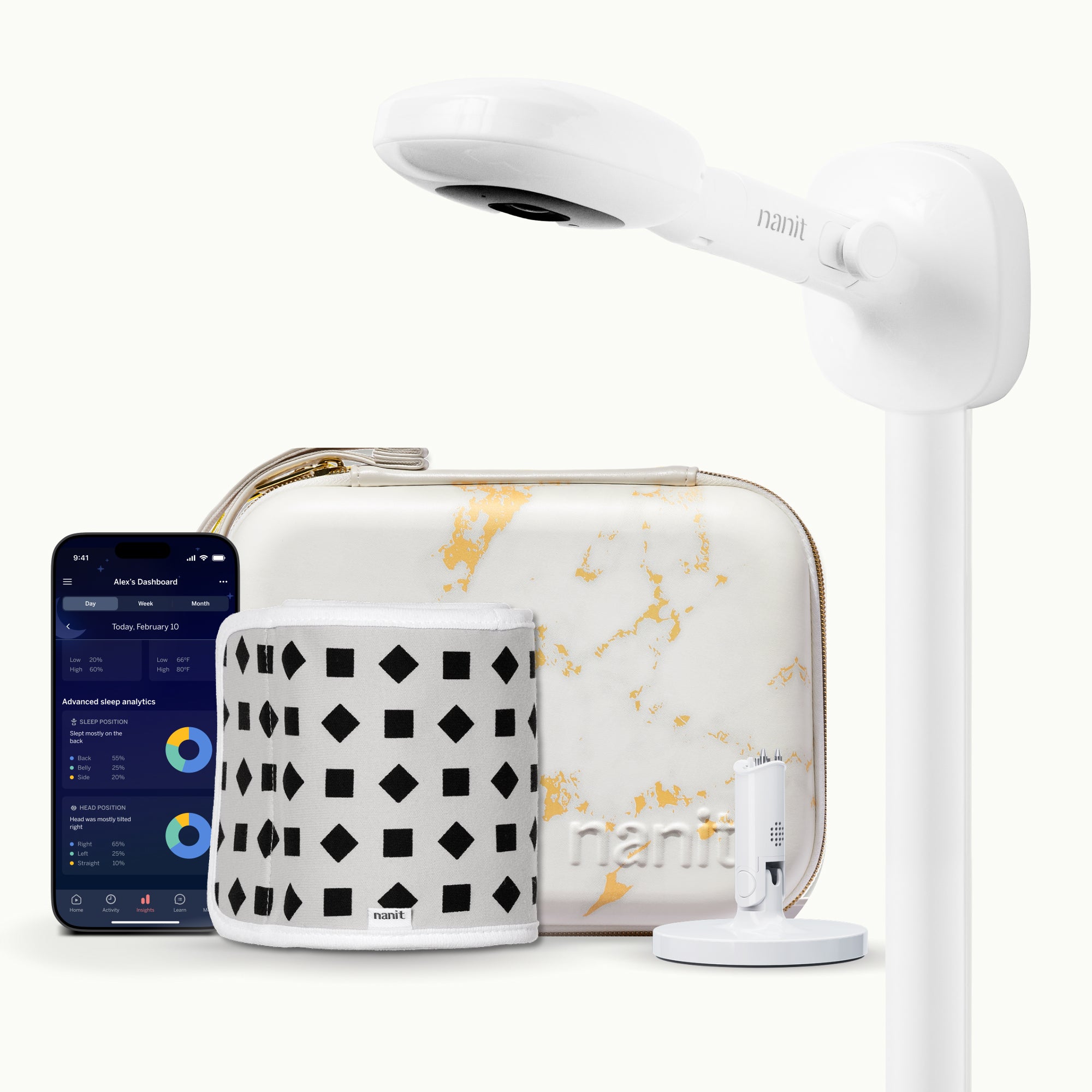 nanit pro camera wall mount, marble travel case, gray breathing band, flex stand, and nanit app #mount_wall mount #color_yellow