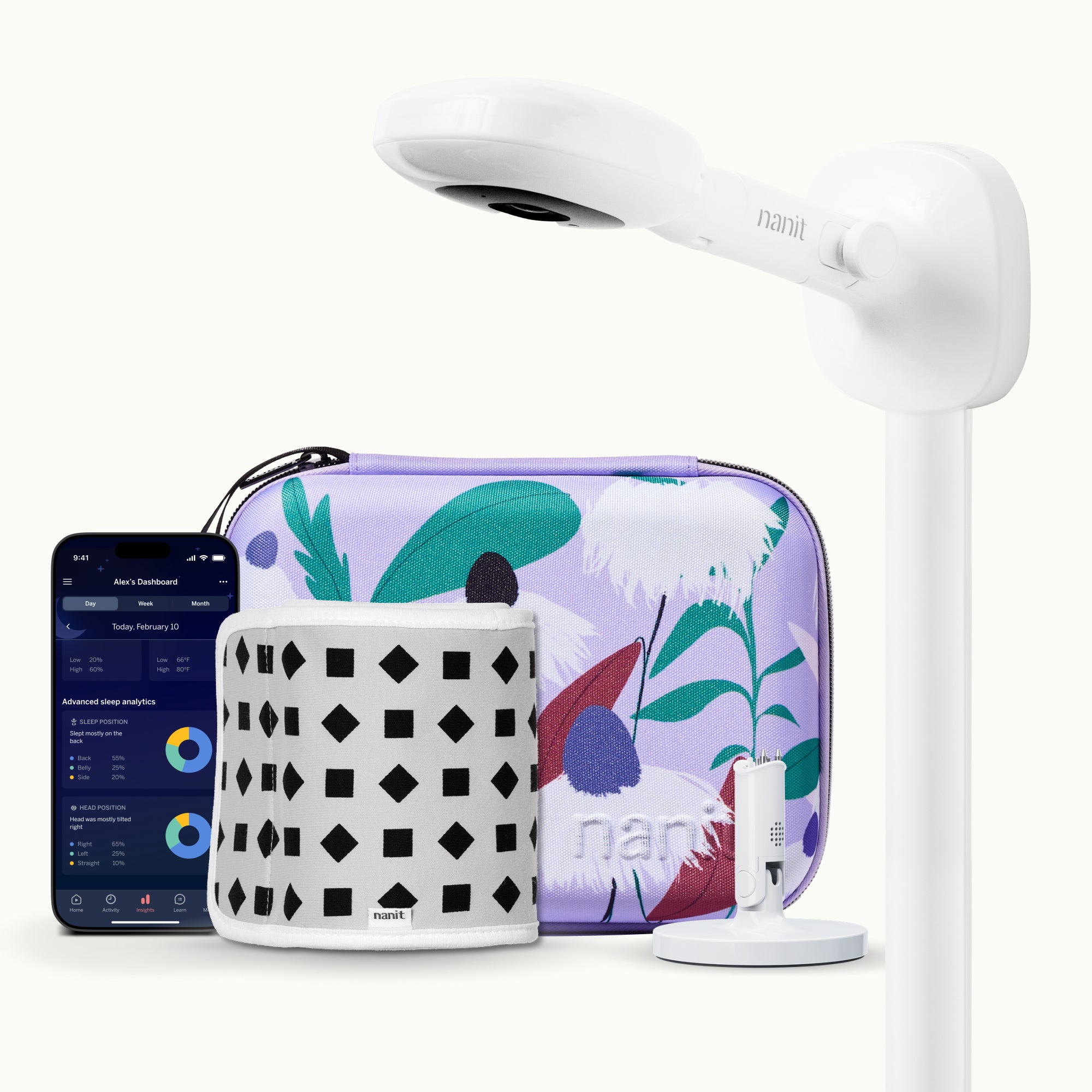 nanit pro camera wall mount, purple floral travel case, gray breathing band, flex stand, and nanit app