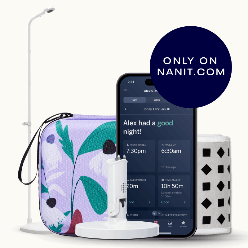 nanit pro camera floor stand, purple floral travel case, gray breathing band, flex stand, and nanit app showing dashboard #mount_floor stand #color_yellow