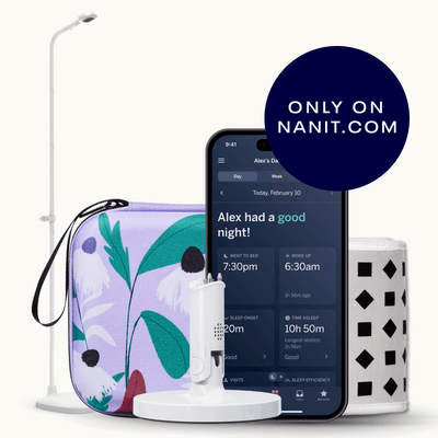 nanit pro camera floor stand, purple floral travel case, gray breathing band, flex stand, and nanit app showing dashboard