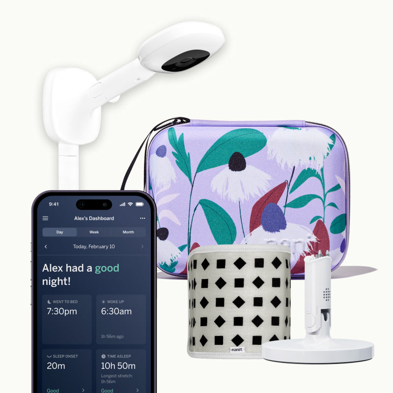 nanit pro camera wall mount, purple floral travel case, gray breathing band, flex stand, and nanit app #mount_wall mount #color_purple floral