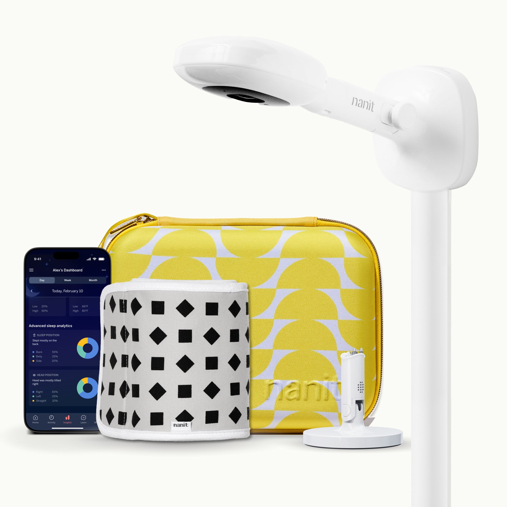 nanit pro camera wall mount, yellow travel case, gray breathing band, flex stand, and nanit app #mount_wall mount #color_half moon #color_yellow