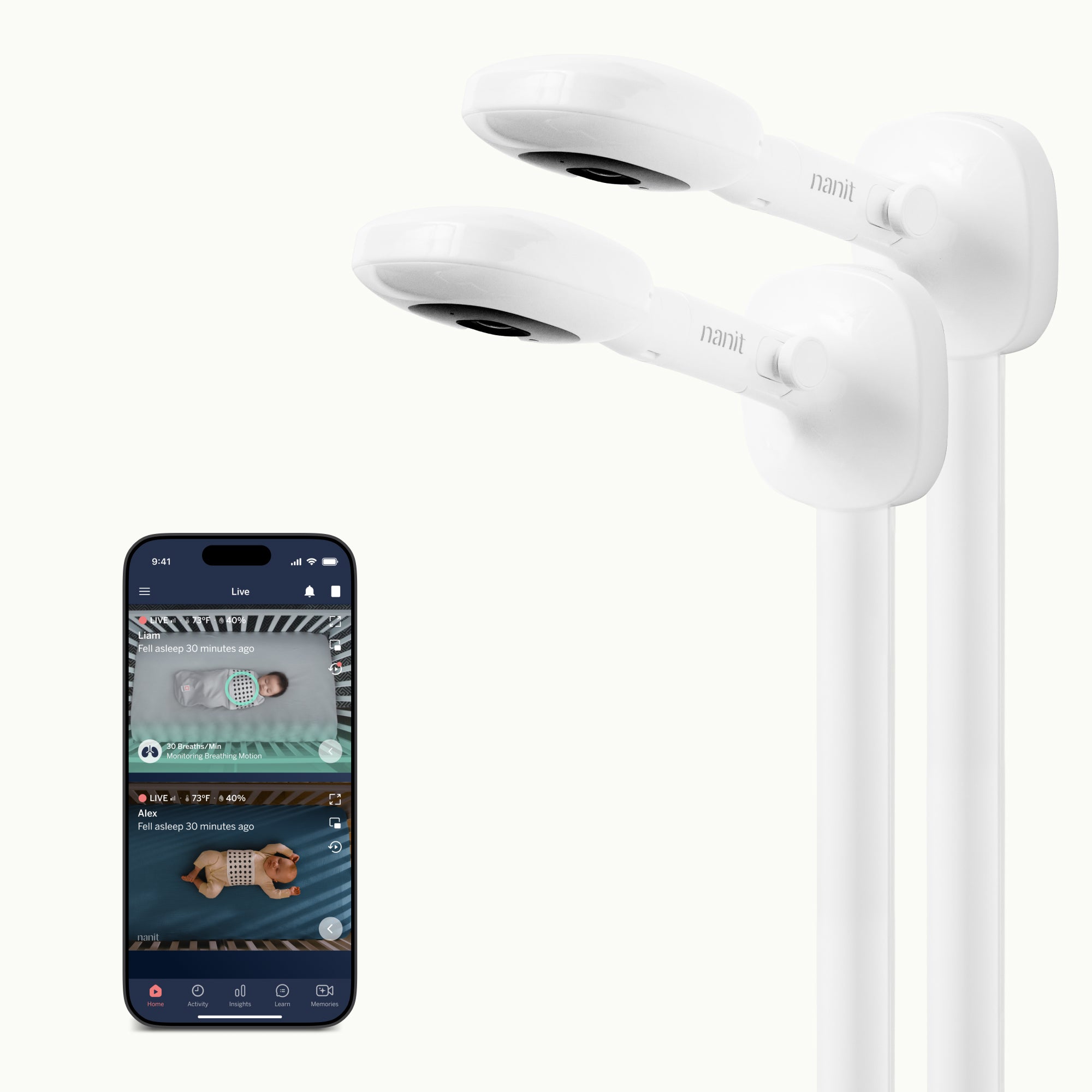 two nanit pro camera + wall mount showing nanit app on split screen view#quantity_twin #mount_wall mount