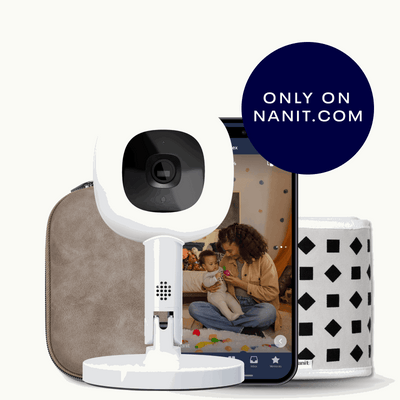 griege travel case, phone showing nanit app, Nanit Pro Camera + Flex Stand, Breathing Band