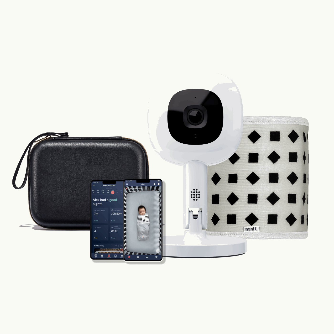 black travel case, phone showing nanit app, Nanit Pro Camera + Flex Stand, Breathing Band #color_black