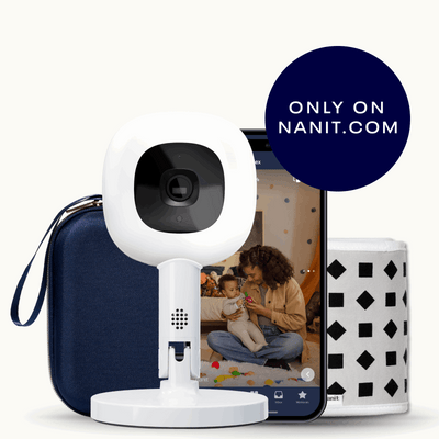 blue travel case, phone showing nanit app, Nanit Pro Camera + Flex Stand, Breathing Band