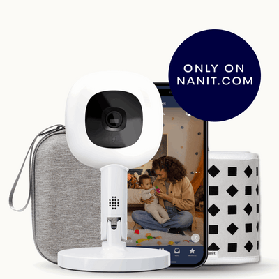 gray travel case, phone showing nanit app, Nanit Pro Camera + Flex Stand, Breathing Band