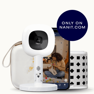 marble travel case, phone showing nanit app, Nanit Pro Camera + Flex Stand, Breathing Band