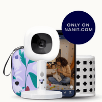 purple floral travel case, phone showing nanit app, Nanit Pro Camera + Flex Stand, Breathing Band #color_purple floral