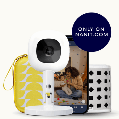 yellow travel case, phone showing nanit app, Nanit Pro Camera + Flex Stand, Breathing Band