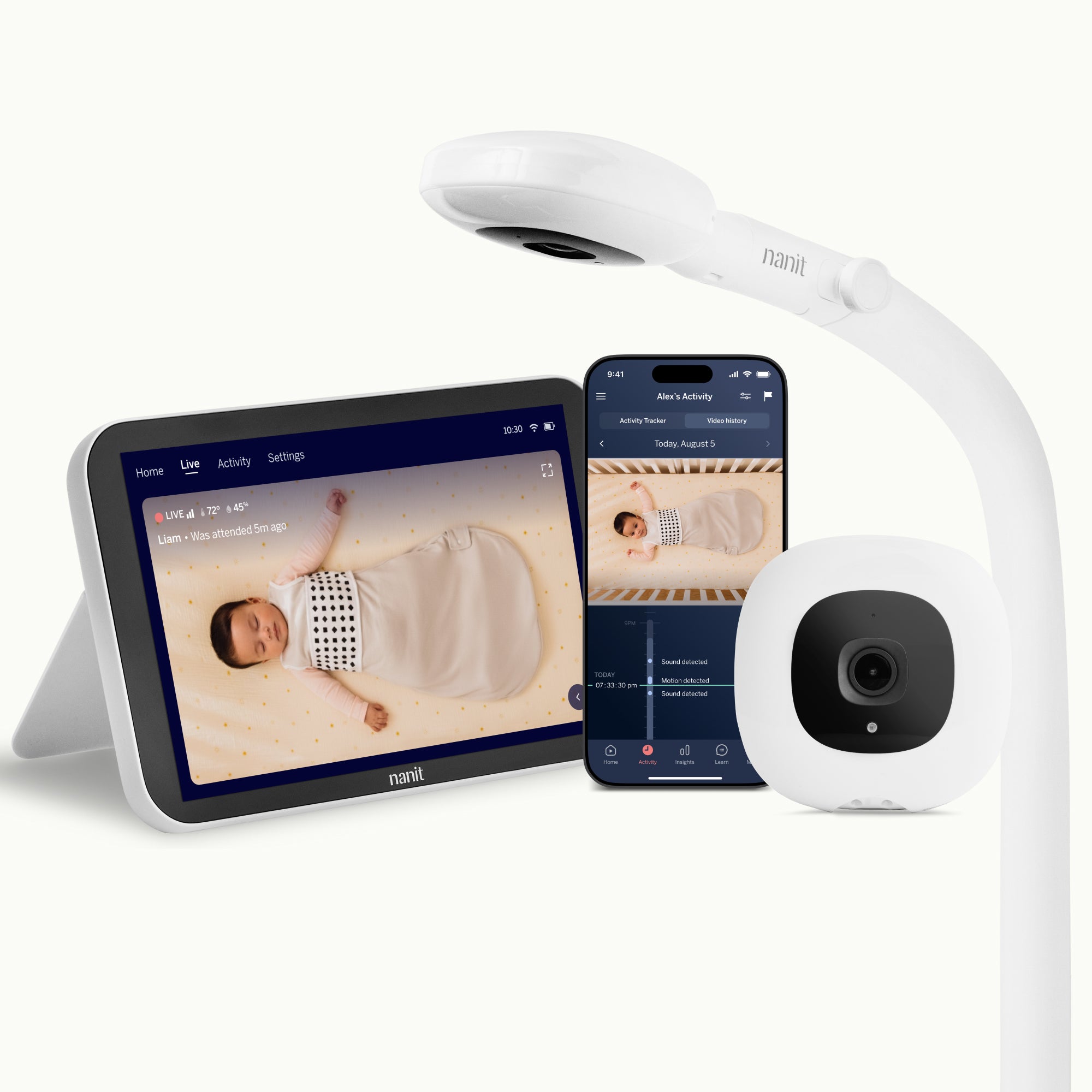 Nanit baby monitor system with floor stand, home screen showing live screen, camera, and smartphone with live screen on nanit app #complete your setup_Camera + 8" Display #mount_floor stand