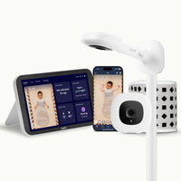 Nanit baby monitor system with wall mount, home screen showing live screen, camera, breathing band, and smartphone with live screen on nanit app #mount_wall mount #complete your setup_Camera + 8" Display