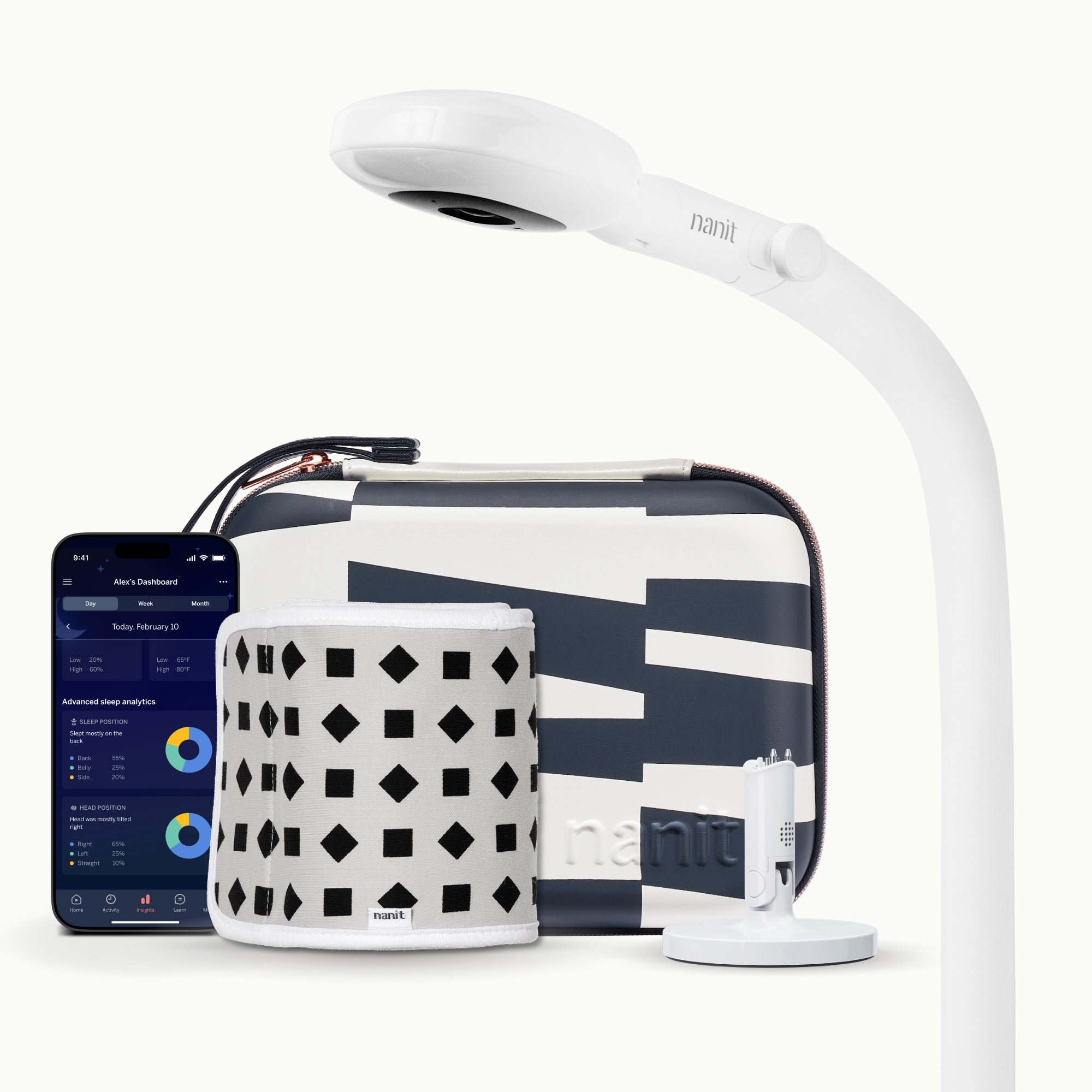 nanit pro camera floor stand, abstract stripe travel case, gray breathing band, flex stand, and nanit app showing dashboard