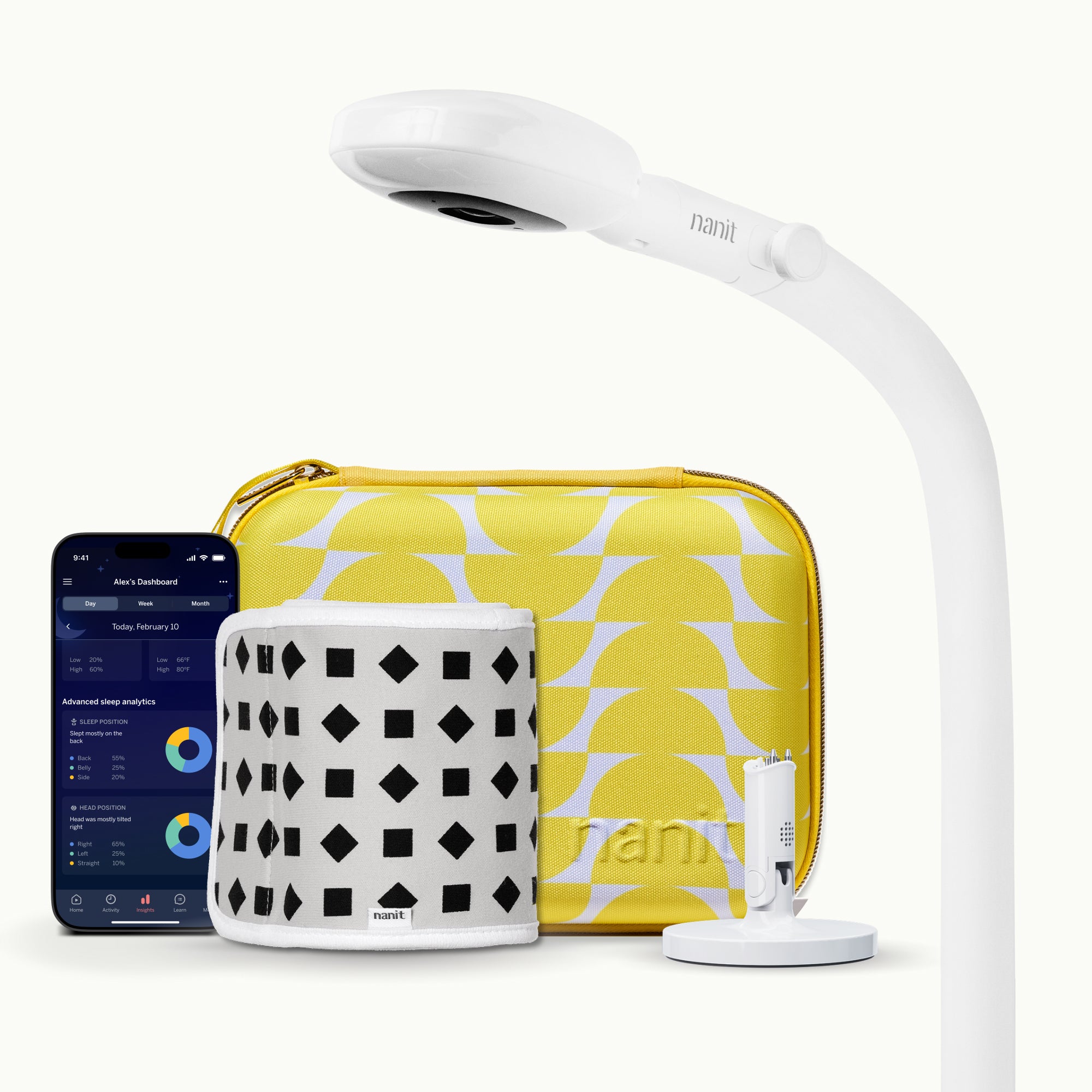 nanit pro camera floor stand, yellow travel case, gray breathing band, flex stand, and nanit app showing dashboard #mount_floor stand #color_half moon