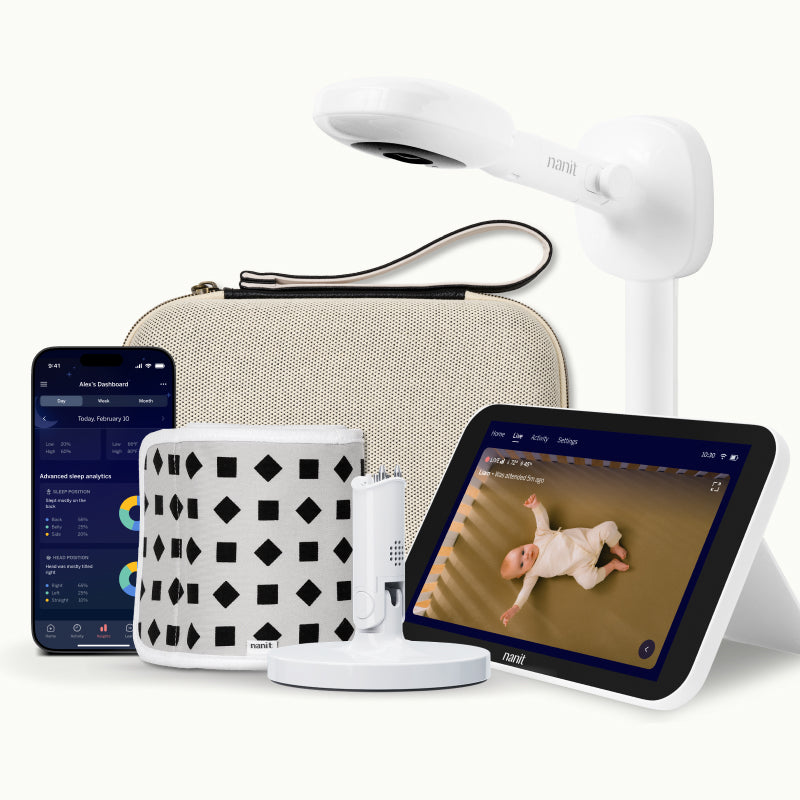 nanit camera wall mount, two tone canvas travel case, gray breathing band, flex stand, home display, and nanit app #mount_wall mount #color_two tone canvas #complete your setup_Camera + 8" Display