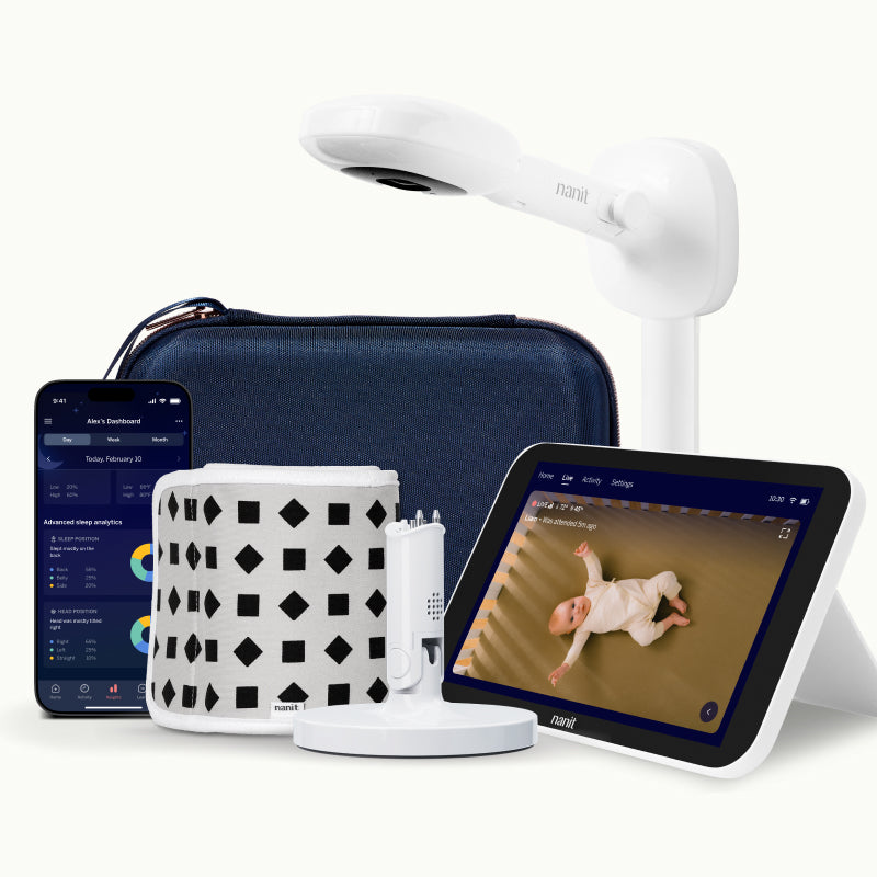nanit camera wall mount, blue travel case, gray breathing band, flex stand, home display, and nanit app