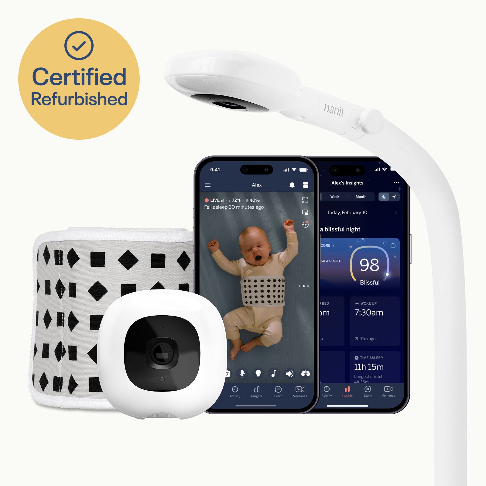 Certified Refurbished dotwhack alon with Nanit baby monitor system with floor stand, home screen showing live screen, camera, breathing band, and smartphone with live screen on nanit app