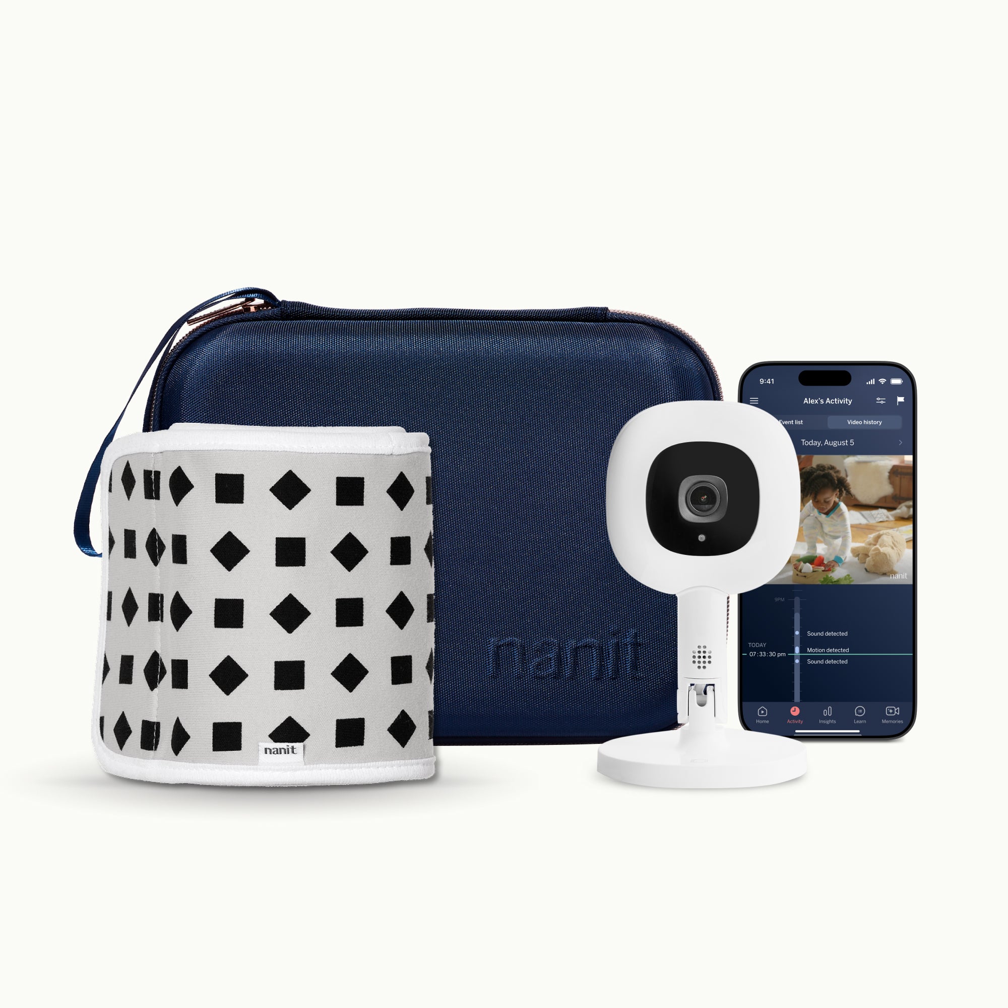 blue travel case, phone showing nanit app, Nanit Pro Camera + Flex Stand, Breathing Band #color_blue