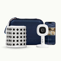 blue travel case, phone showing nanit app, Nanit Pro Camera + Flex Stand, Breathing Band #color_blue