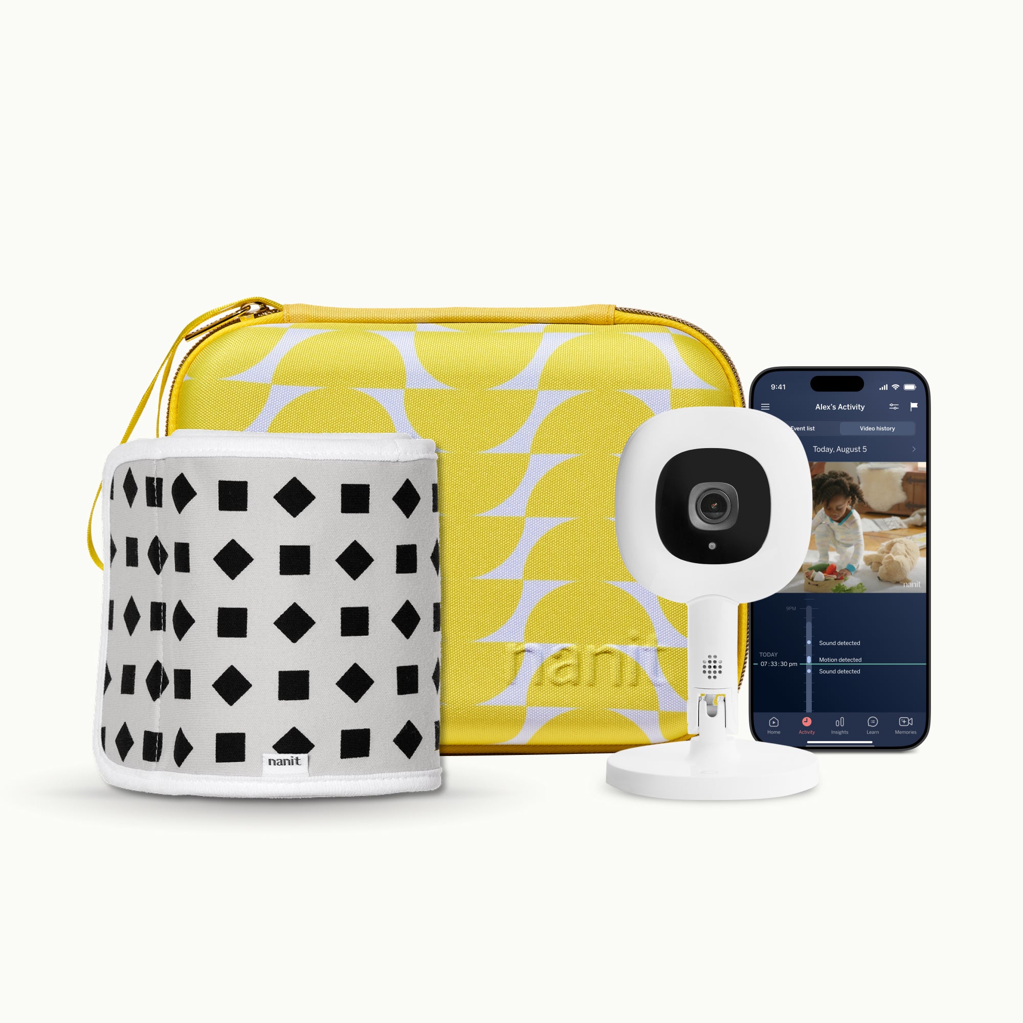 half moon travel case, phone showing nanit app, Nanit Pro Camera + Flex Stand, Breathing Band #color_half moon