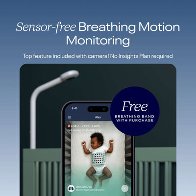 Image of sensor-free breathing motion monitoring (free breathing band with Nanit Camera purchase) - baby wearing nanit breathing band on nanit app with tracking