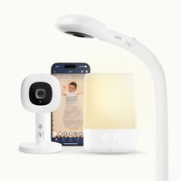 Smart home devices including a Sound + Light, phone, and Pro Baby Monitor + Floor Stand, and Flex Stand on a white background