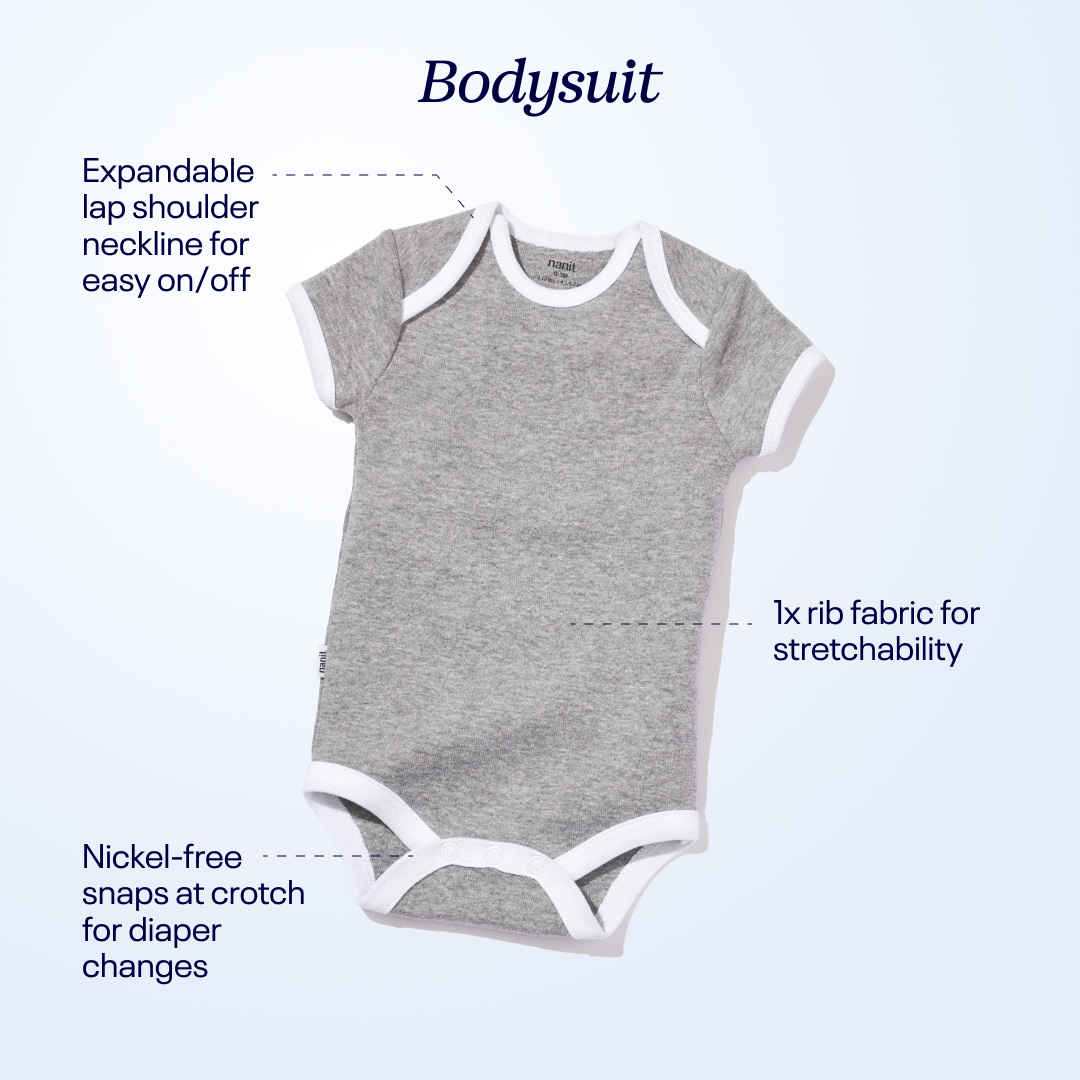 features: expandable lap shoulder neckline, nickel-free snaps at crotch for diaper changes, 1x rib fabric for stretchability