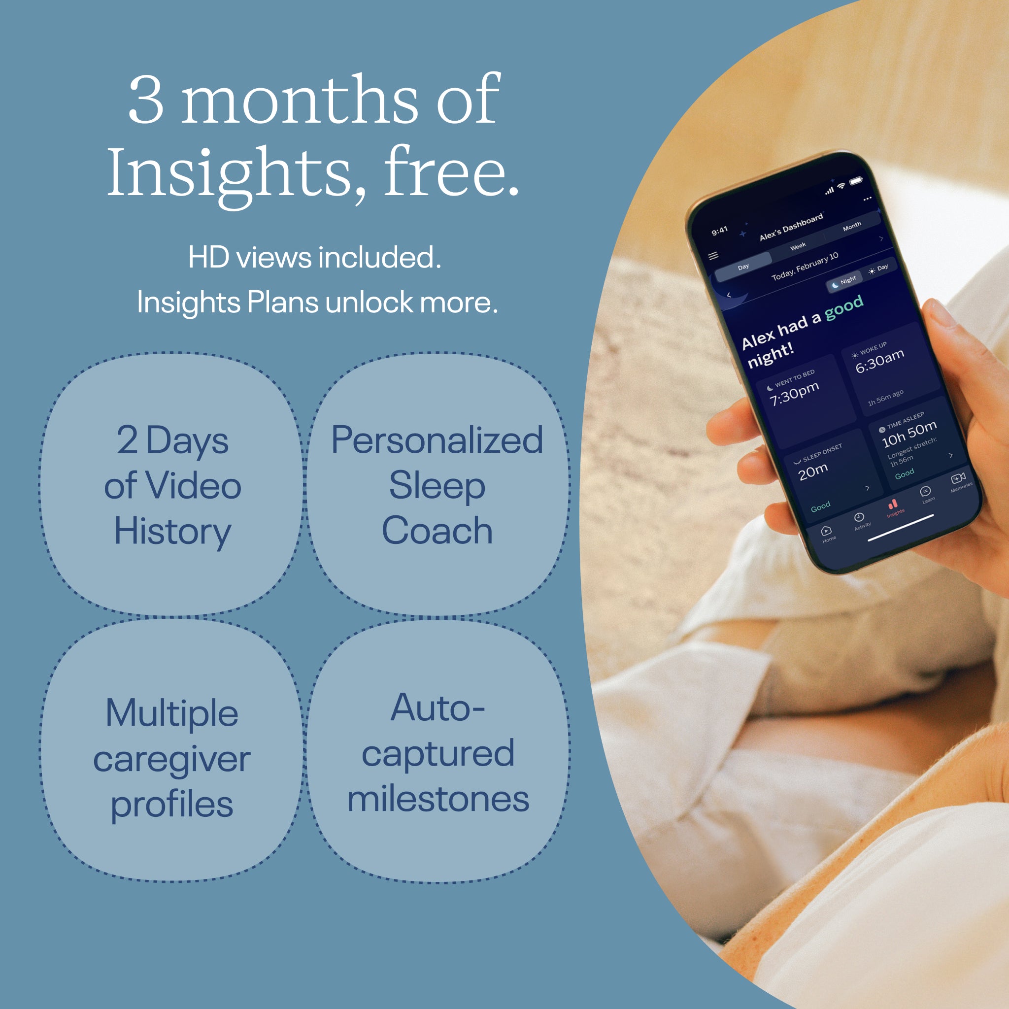 Person holding a smartphone with an app displaying sleep data, against a blue background with text about app features.